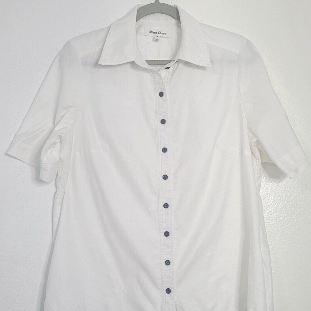 Meme Chose White Shirt Short Sleeve Medium Black Buttons Front Cotton Stretchy